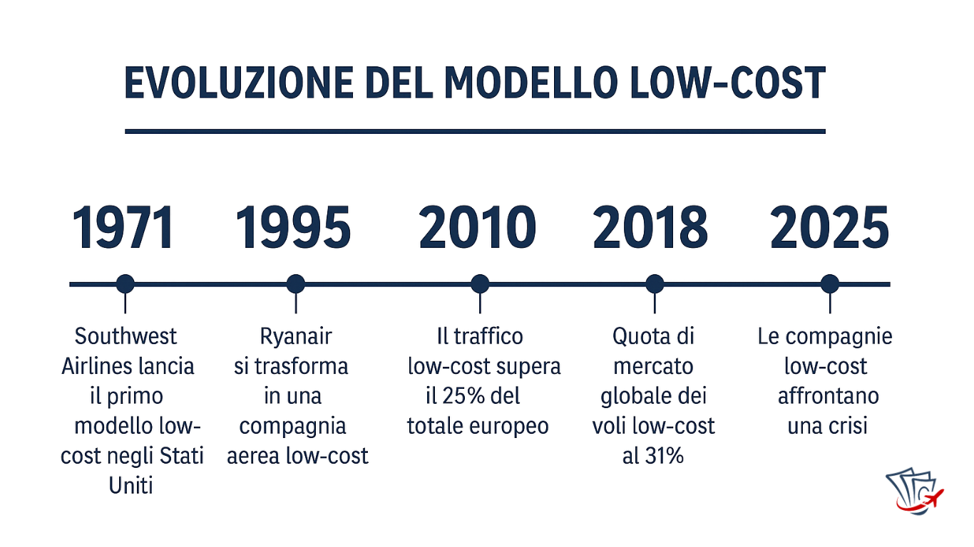Timeline evoluzione modello low-cost - Da Southwest (1971) a oggi: tappe principali, crescita passeggeri e quote di mercato | Rimborso al volo diritto dei passeggeri